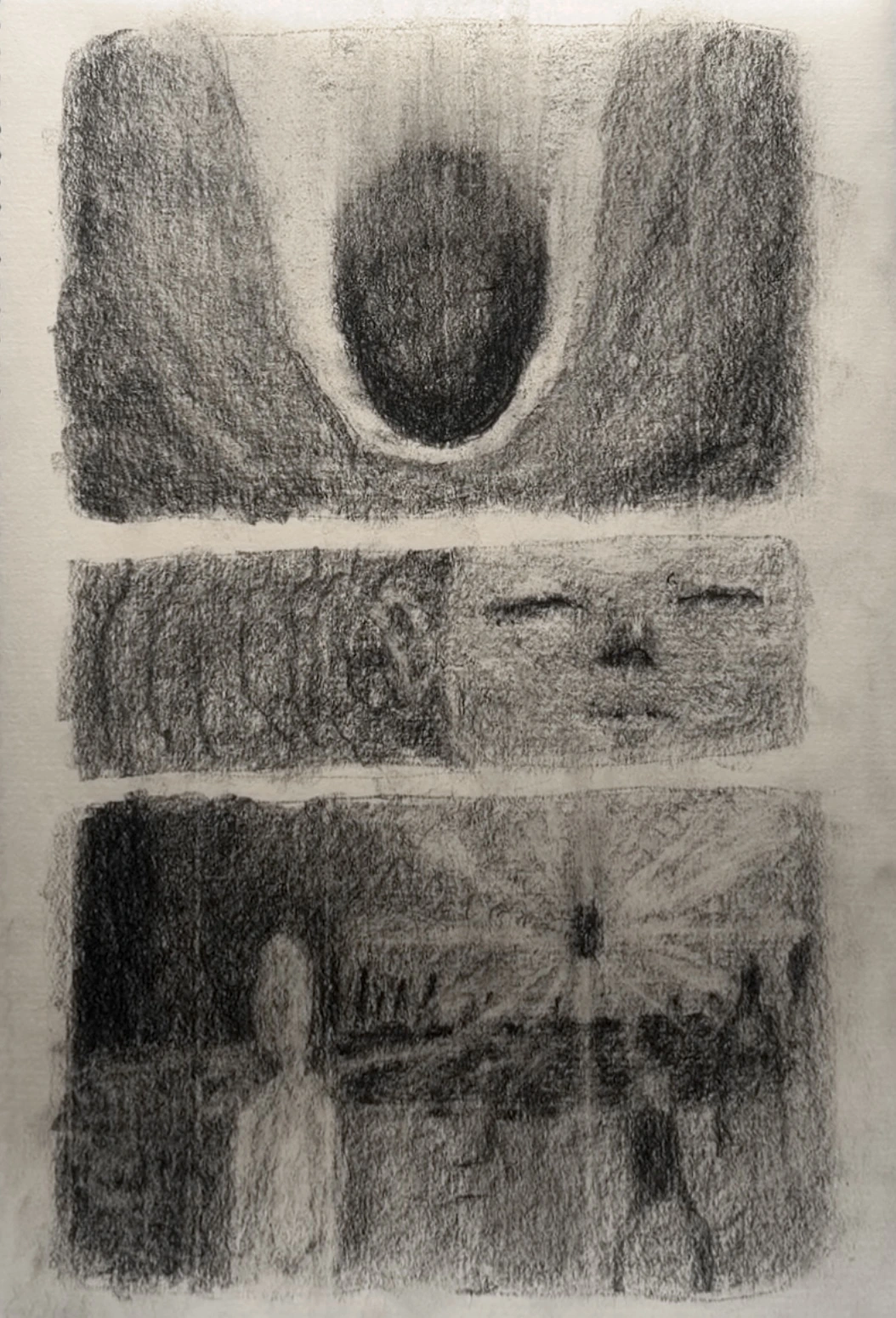 顔や人の姿を三つのコマで描いた、濃い陰影のドローイング