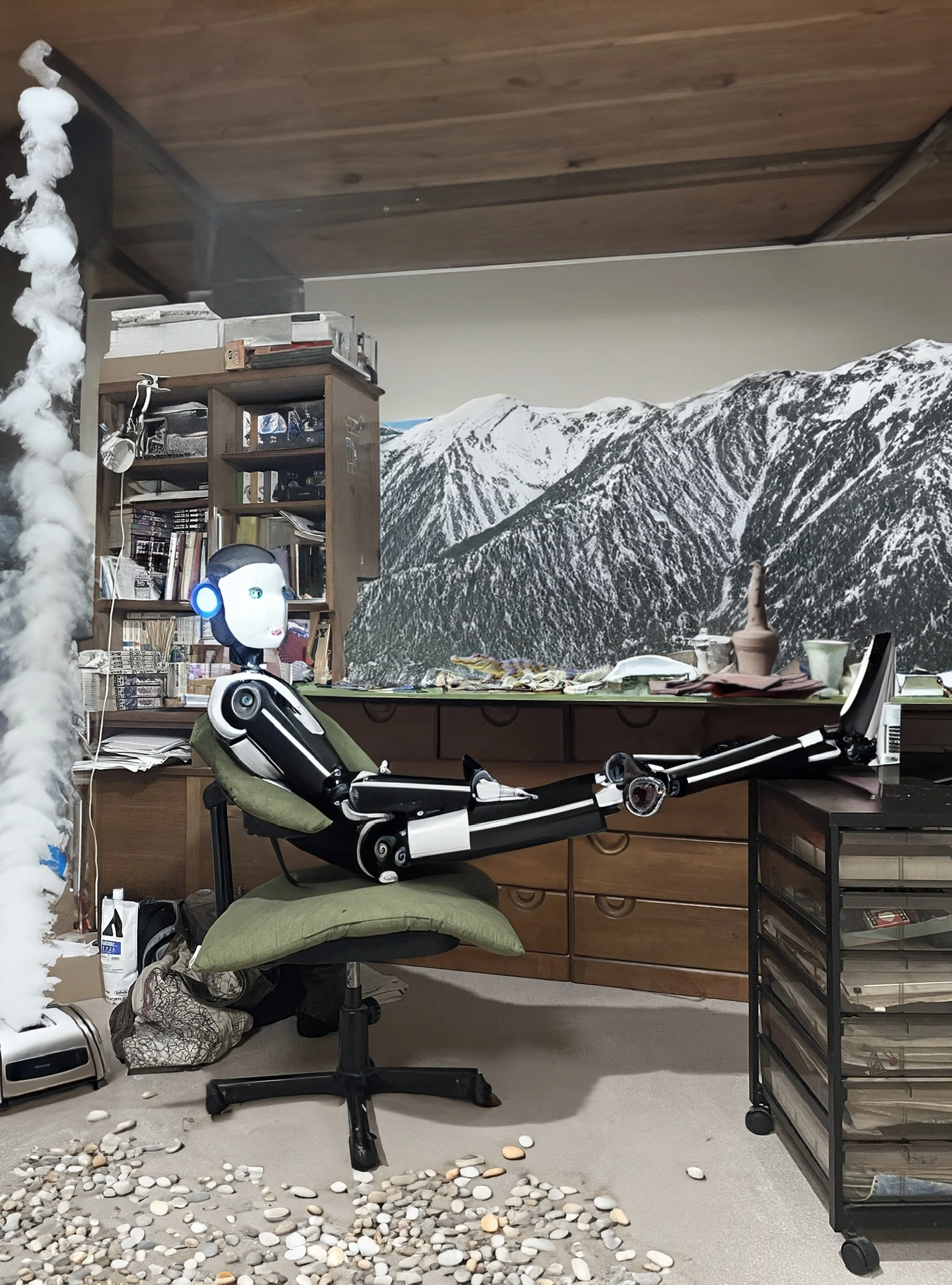 本棚と山並みのある部屋で、椅子に座って脚を上げるロボットの姿