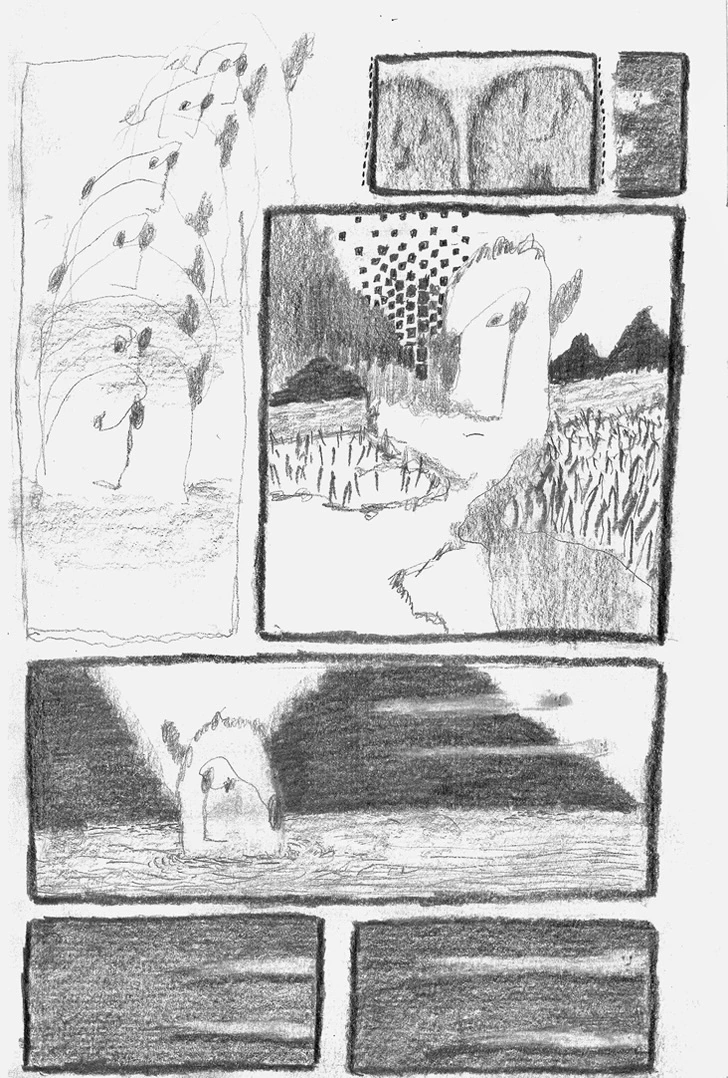 人物の顔や草原、山並みを複数のコマで描いた白黒の作品