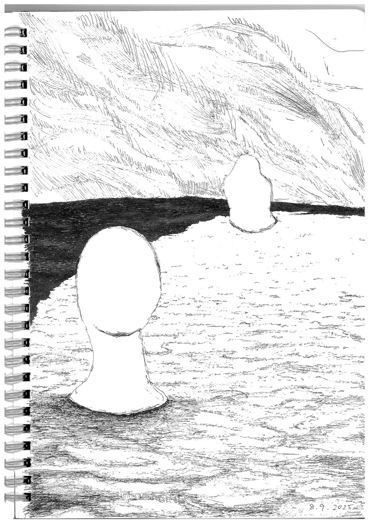 スケッチブックに、白い顔の二人の人物と暗い風景を描いた線描作品