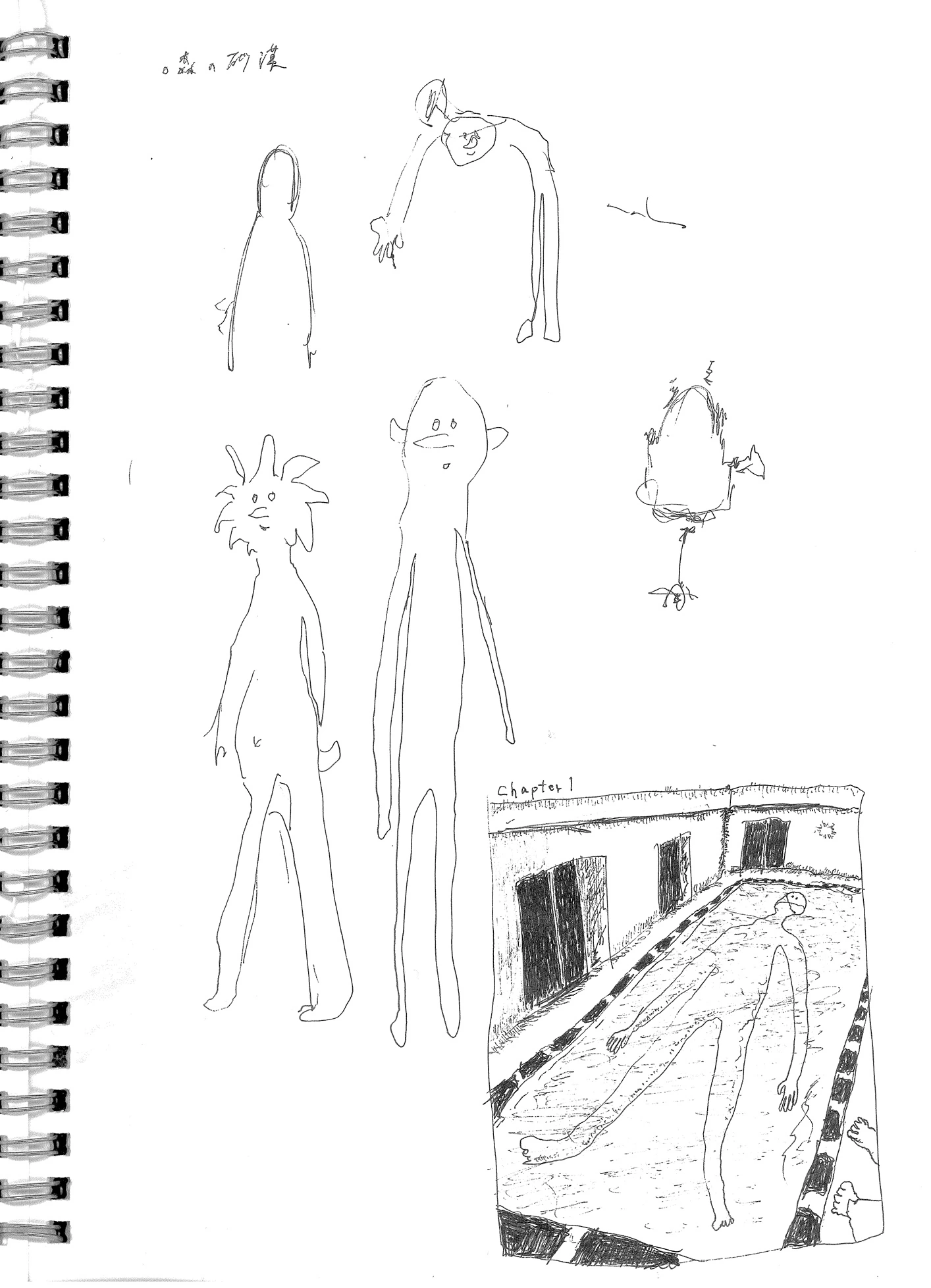 スケッチブックに、さまざまな人物の姿と場面を描いた線描のスケッチ