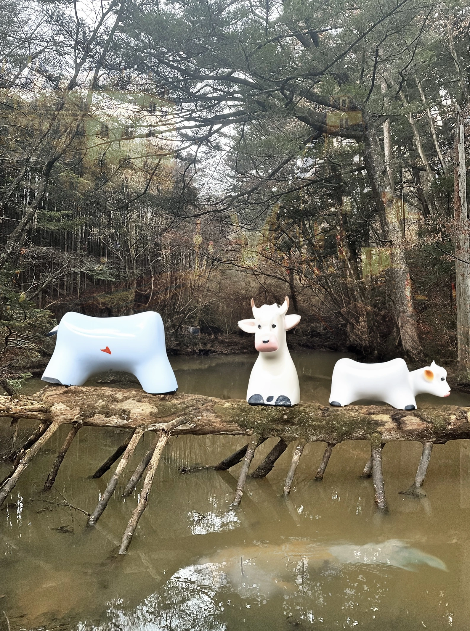 林の水辺の丸太に並べられた、青と白の三つの動物の形