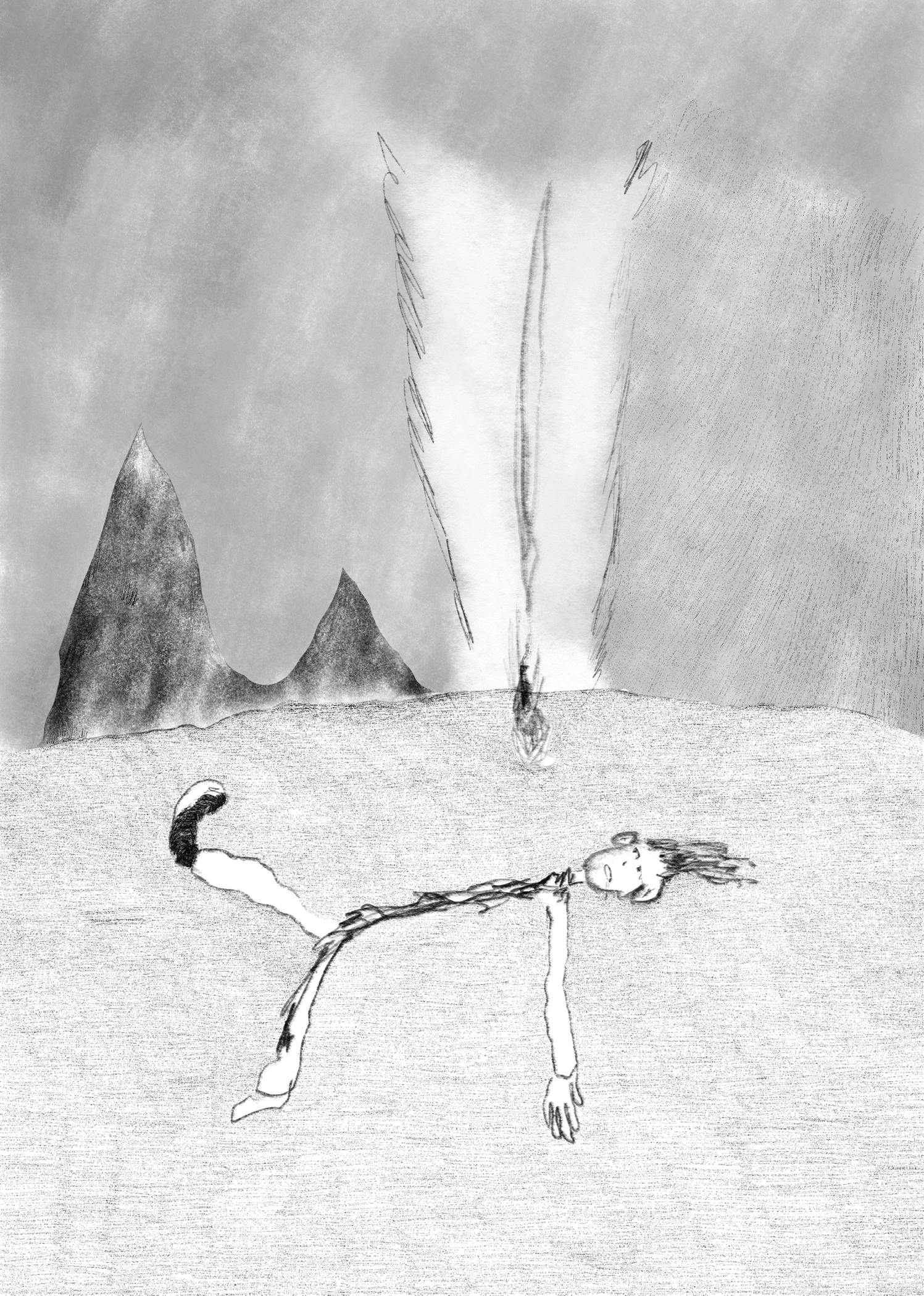 灰色の風景に横たわる人の姿と山並みを描いたドローイング