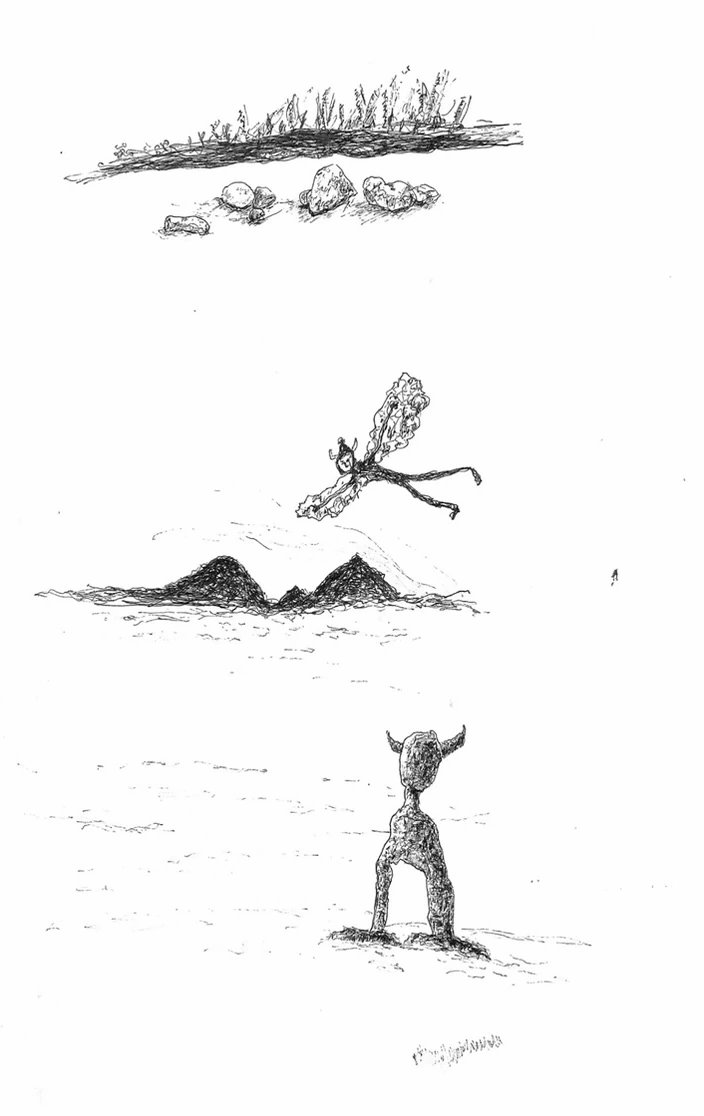 白い紙に、草や石、山並みと小さな人物を細い線で描いた作品